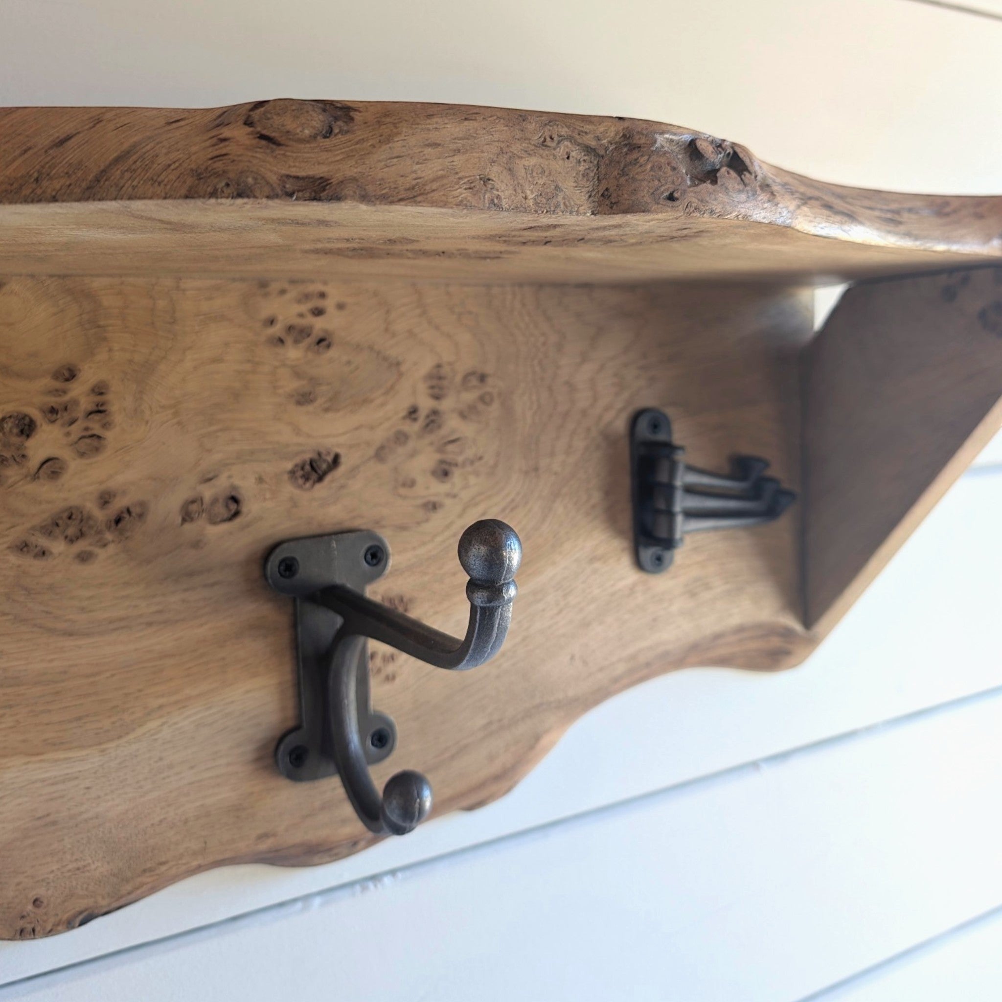 Thriverton live edge pippy oak coat rack and shelf with natural wood grain and rustic cast iron hooks