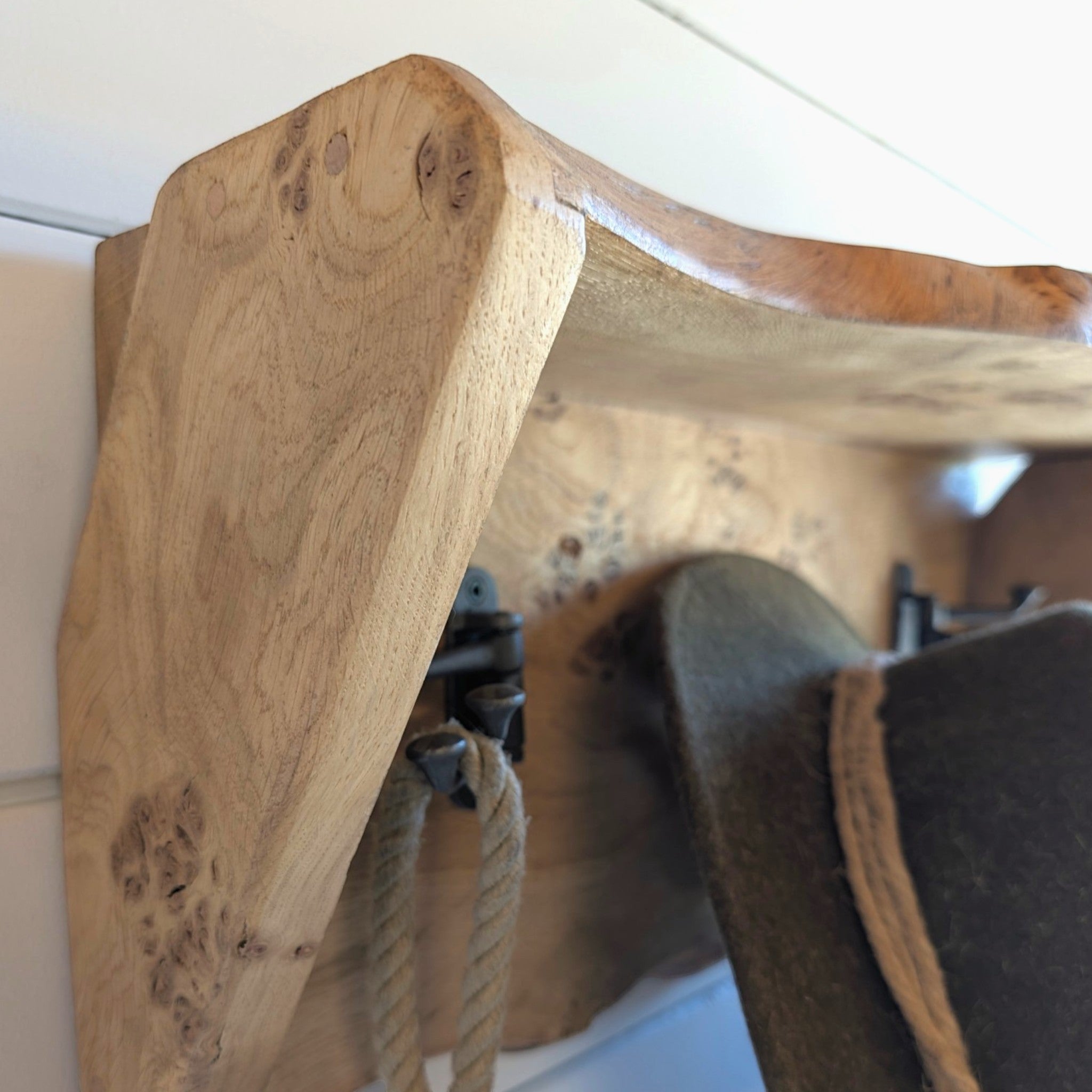 Thriverton live edge pippy oak coat rack and shelf with natural burr clusters and black cast iron hooks