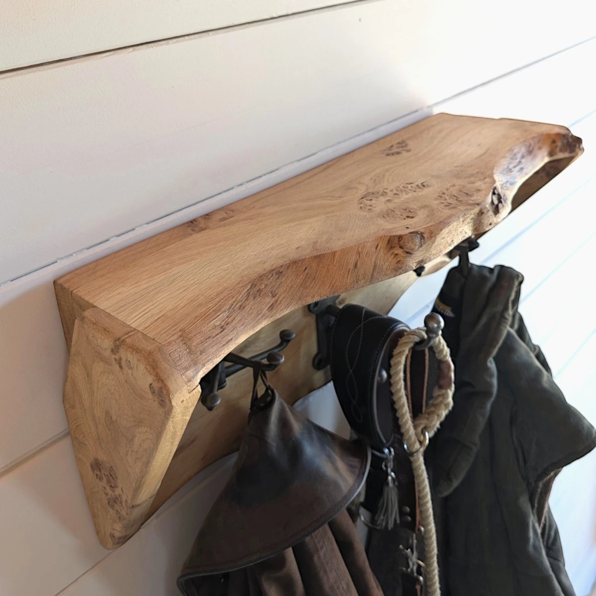Live Edge Pippy Oak Coat Rack and Shelf