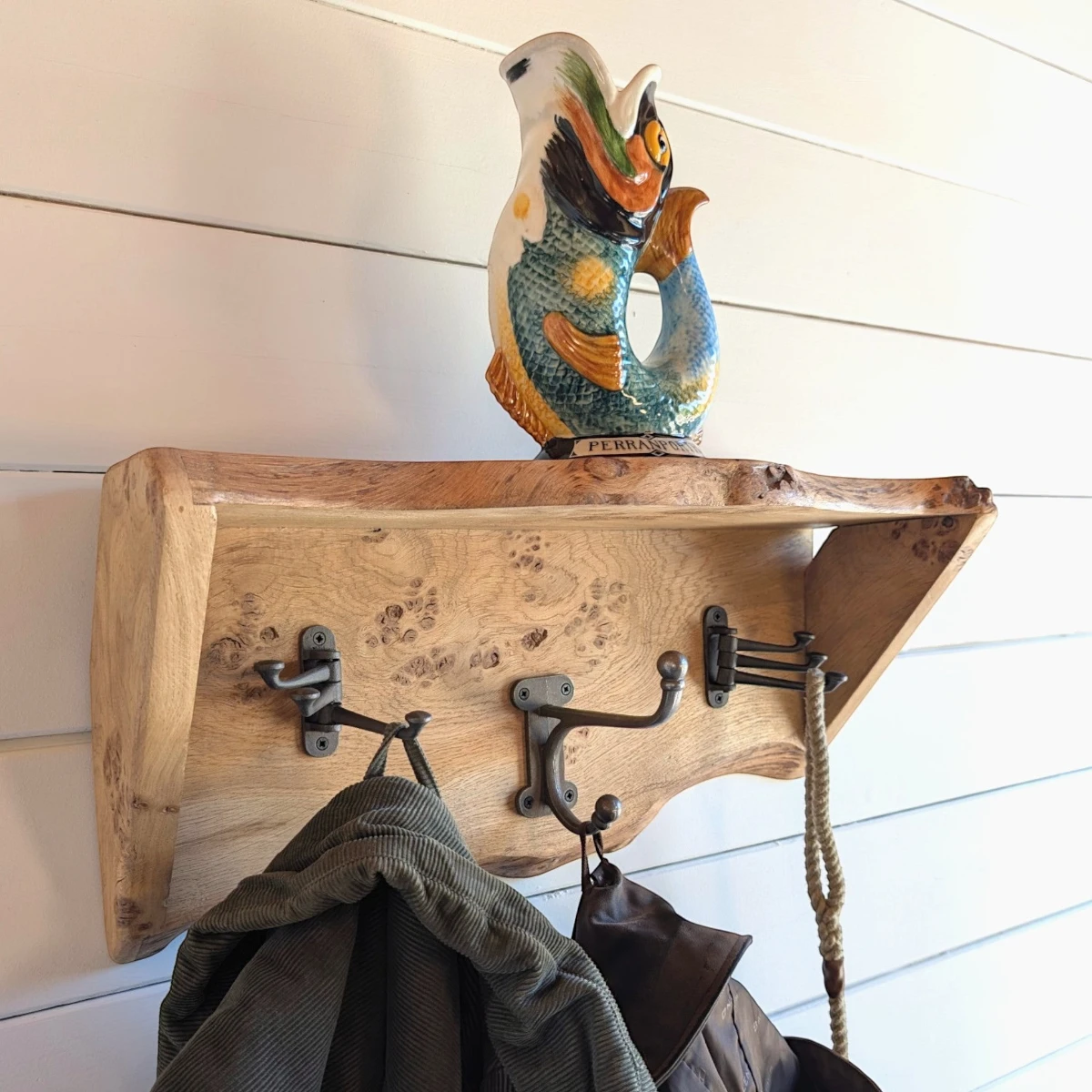Live Edge Pippy Oak Coat Rack and Shelf